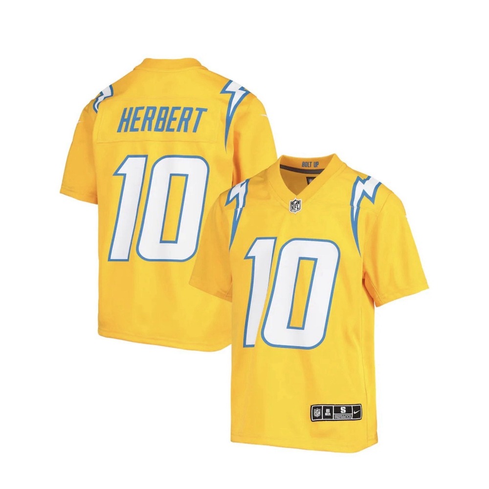 Nike Chargers Justin Herbert Gold BOLT UP Inverted Game Jersey Youth XL 18/20